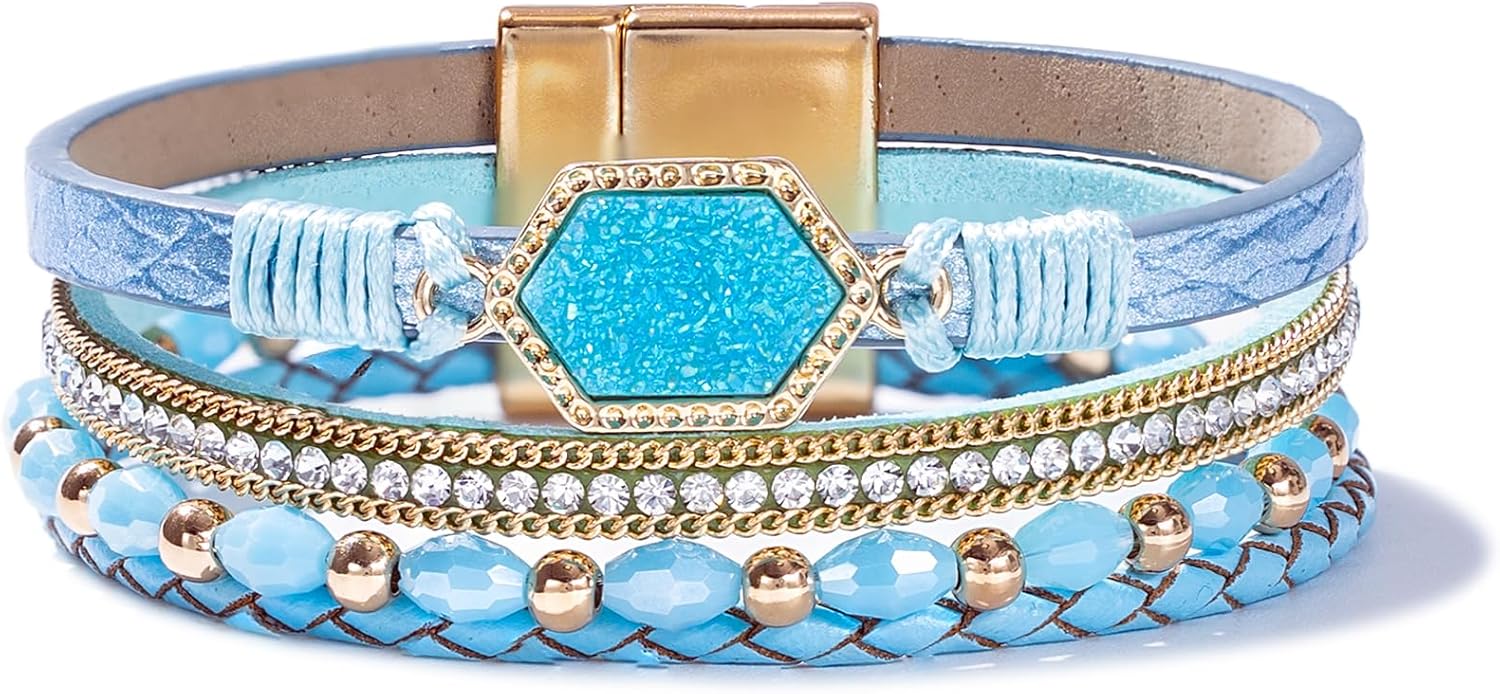 FANCY SHINY Crystal Beaded Leather Wrap Bracelet Stackable Boho Jewelry for Women Resin Stone Bangle Cuff with Magnetic Clasp