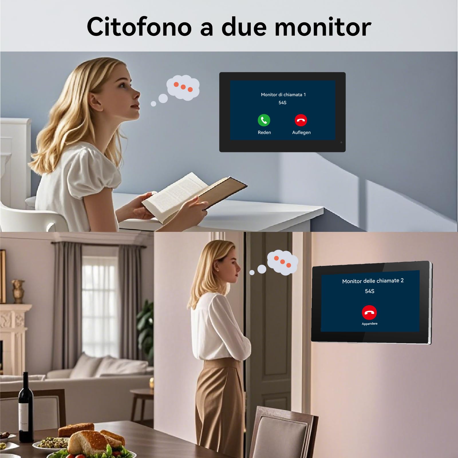 Videocitofono 2 Fili connesso, con fotocamera, versione notturna, vista dal vivo e conversazione, sblocco tramite monitor, 2 monitor da 7" con campanello cablato, per 1 famiglia