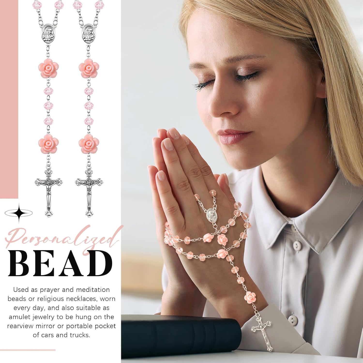 ROCEEI Catholic Rosary Beads Necklace for Women Crystal Beads Flowers Necklace Rosaries Prayer Gifts with Organza Bags for First Communion Confirmation Christmas Baptism Favors