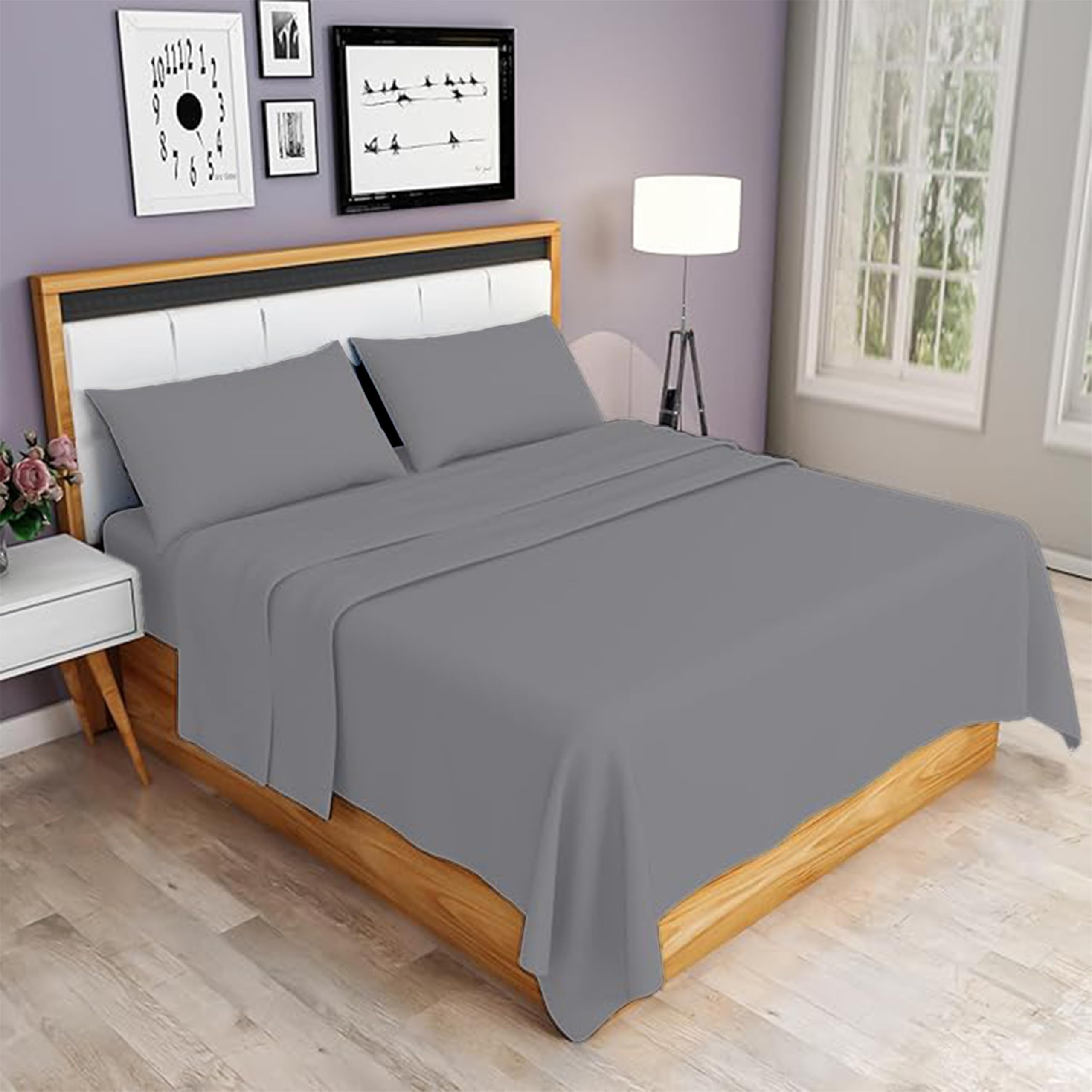 Rohi Grey 4 Piece Brushed Cotton Flannelette Sheets & Pillowcases Set – Includes 1X Fitted Sheet, 1X Flat Sheet, & 2X Pillowcases – Soft, Warm & Cozy Brushed Cotton Sheets Set (Double, )