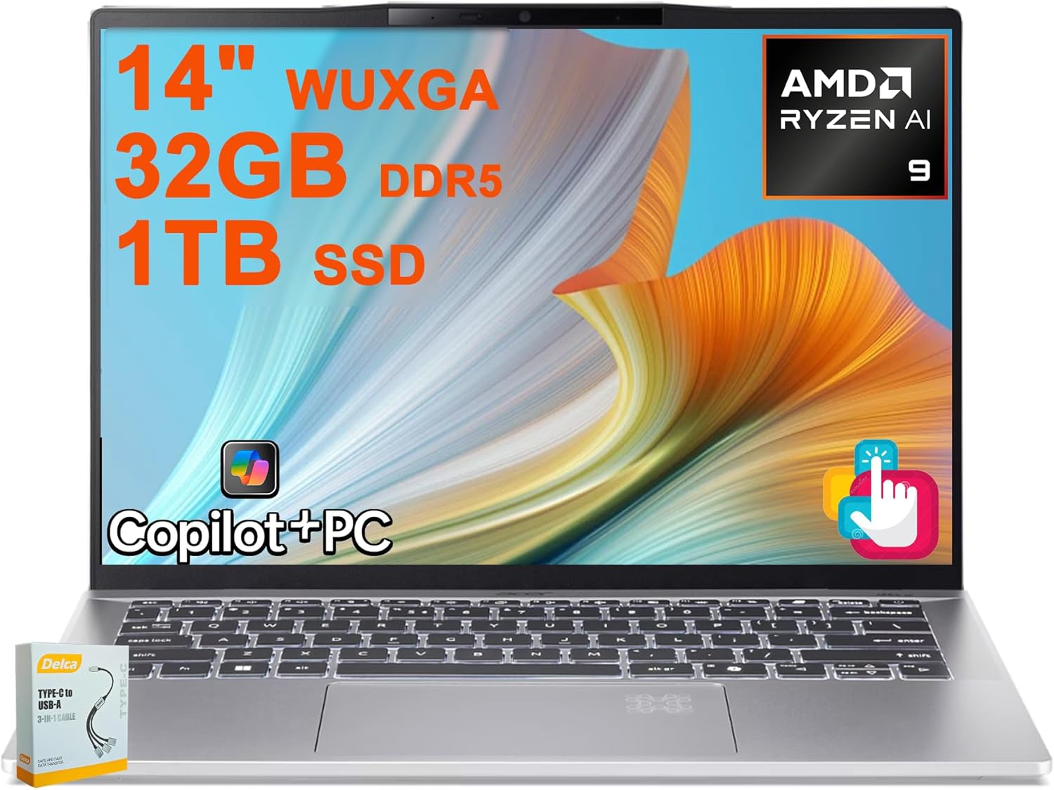 acer Swift 14 Portable Copilot+ AI PC Laptop | 14″ WUXGA Matte Touch | AMD 10-core Ryzen AI 9 365 (Up to 50 NPU Tops – Up to 73 GPU Tops) | 32GB DDR5 1TB SSD | Backlit Wi-Fi7 Win11 w/DLCA Accessory