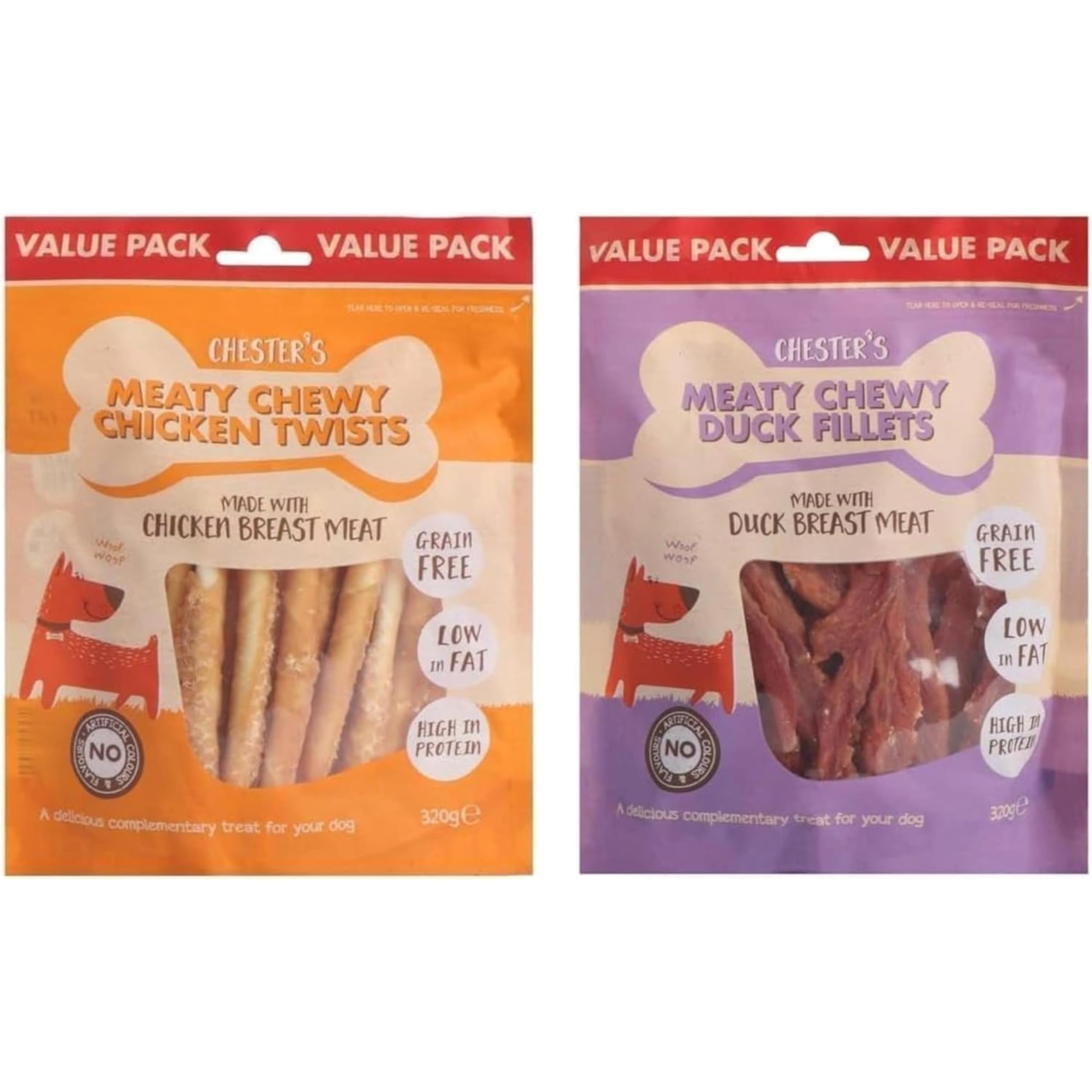 Chester’s Meaty Chewy Dog Treats – Chicken Twists & Duck Fillets | Grain-Free, High Protein, Low Fat, Natural Dog Snacks Pack of 2 x 320g Each