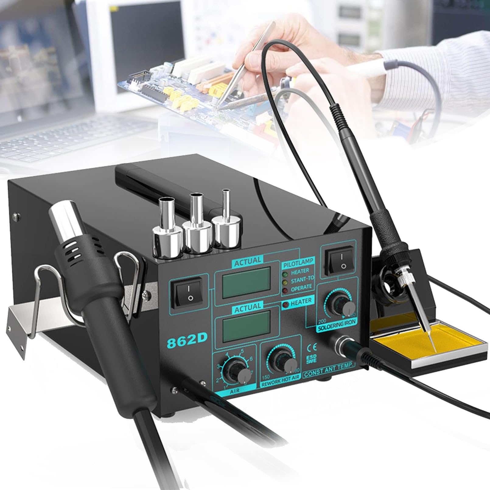 Stacja rozlutownicza, lutownica 2 w 1 600 W, stacja lutownicza z gorącym powietrzem, cyfrowy wyświetlacz LED, regulowana temperatura do naprawy elektroniki i projektów DIY