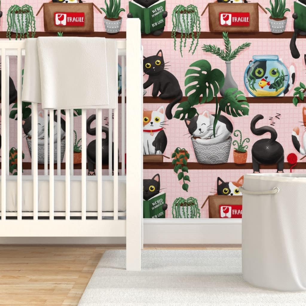 Peel & Stick Wallpaper 6ft x 2ft - Funny Cats Black Cat Calico Cats Rescue Kitties Houseplants Custom Removable Wallpaper by Spoonflower