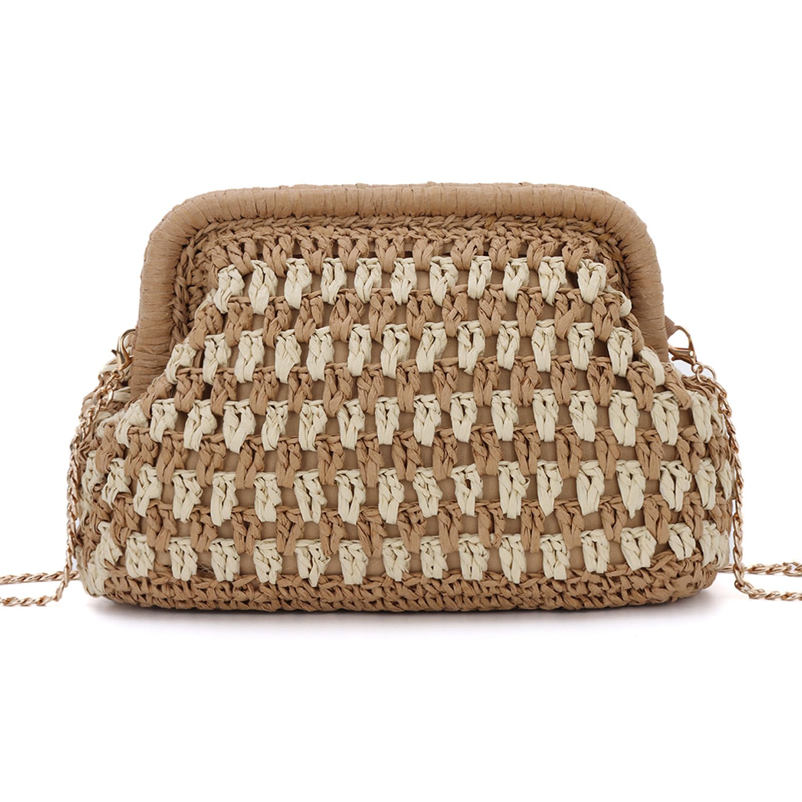 Bolso de Mano de paja para Mujer Bolso de Playa de Verano Tejido con Correa de Cadena, Diseño Hueco para Vacaciones y Salidas Nocturnas
