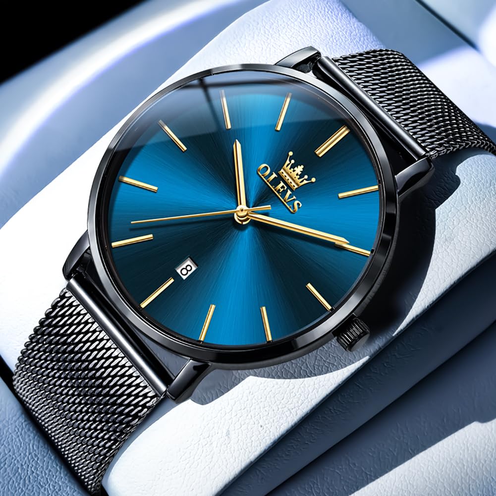 OLEVS Minimalistische Herren-Armbanduhr, ultradünn, modisch, lässig, analog, Quarz, Datum, wasserdicht, schmal, einfach, großes Zifferblatt, Armbanduhr mit Retro-Lederband für Herren