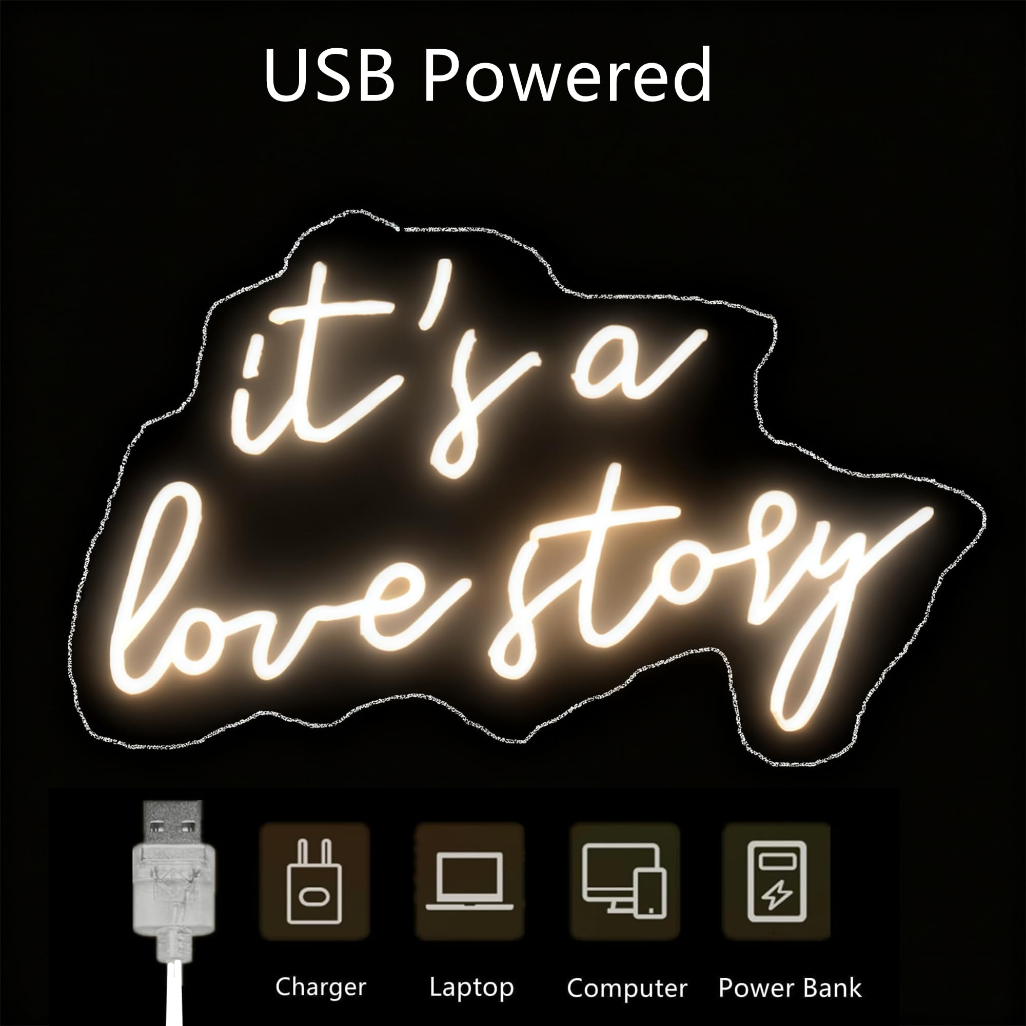 It's a Love Story Neon Schild, 16 x 11,8 Zoll Neon Hochzeitsschild mit Dimmschalter für Schminktisch Schlafzimmer Hochzeit Verlobung, Jahrestag, Valentinstag-Hintergrunddekoration (Warmweiß)