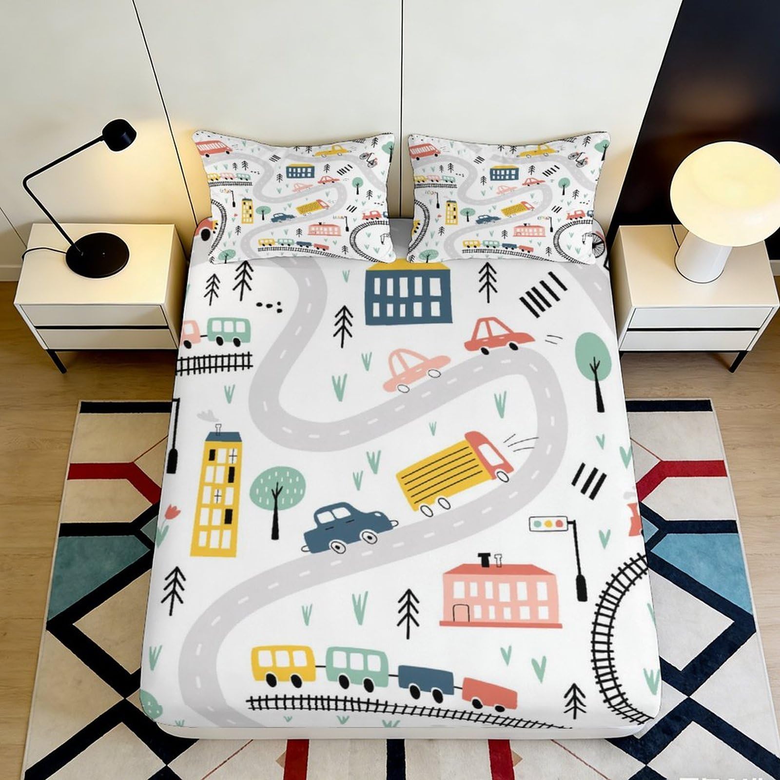 Jqzkxnhpbr Style-10 3D Printed Cartoon Road City Fitted Sheet Microfiber Soft Non-Slip Vehicle Bed Cover For Bedroom Guest Room 90X200x25cm