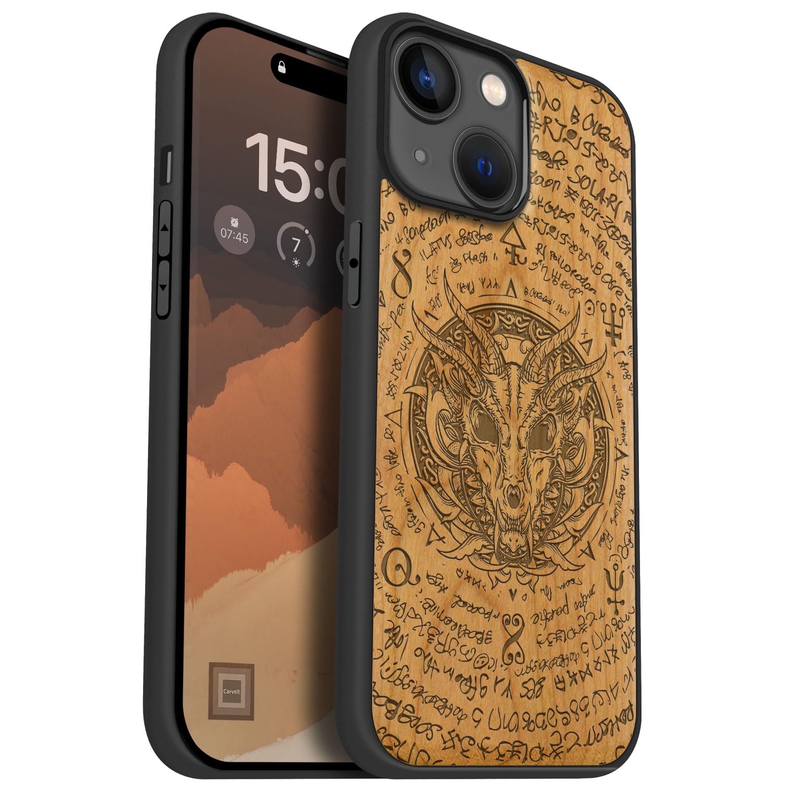 Carveit Magnetic Wooden Case for iPhone 15 Case, Compatible with MagSafe Wireless Chargers, Black Soft TPU Shockproof Cover & Wood Artisan Engraved (