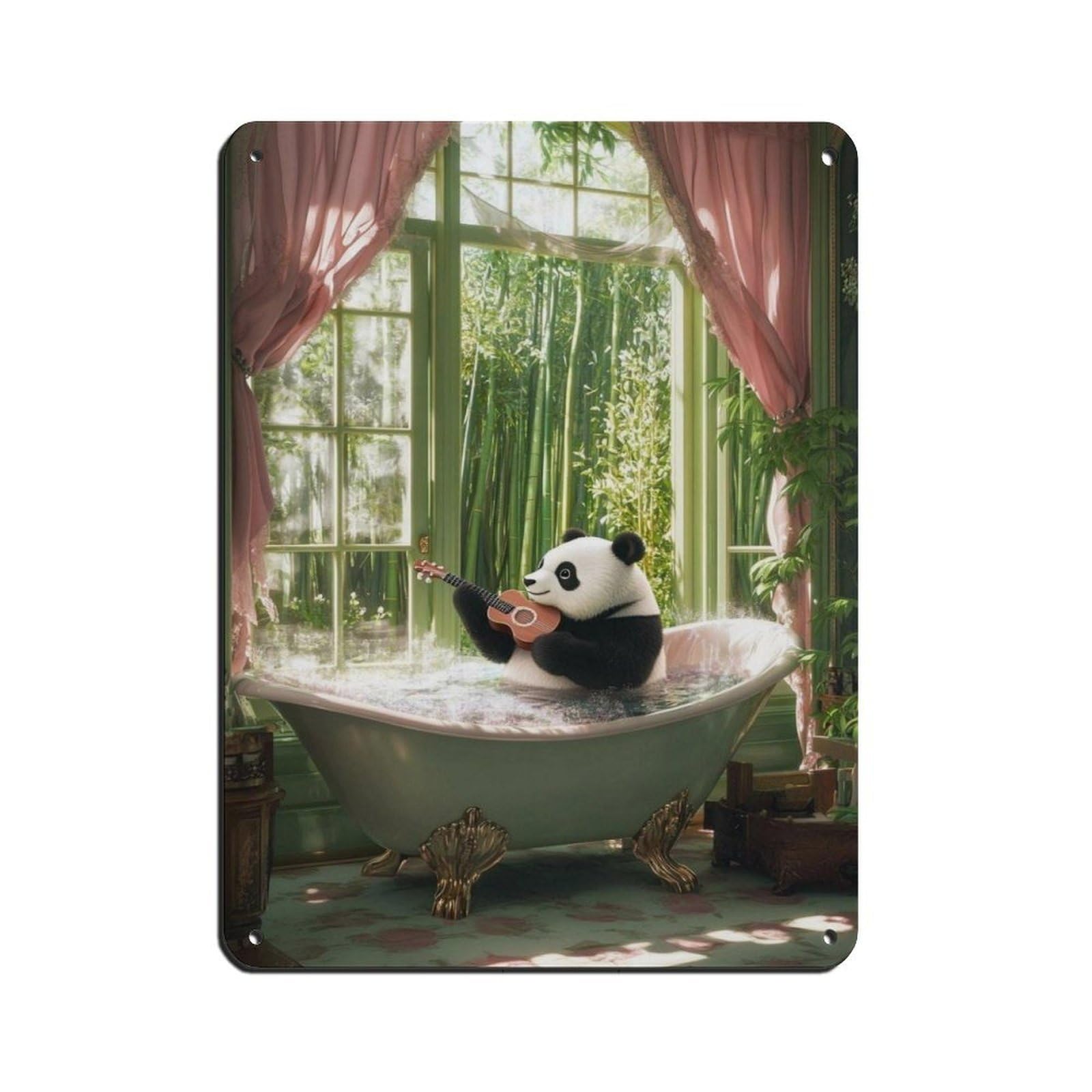 Adorable Panda Playing Ukulele in Bathtub Tin Sign Vintage Metal Pub Club Cafe Bar Home Wall Art Decoration Poster Retro 12x16inch(30x40cm)