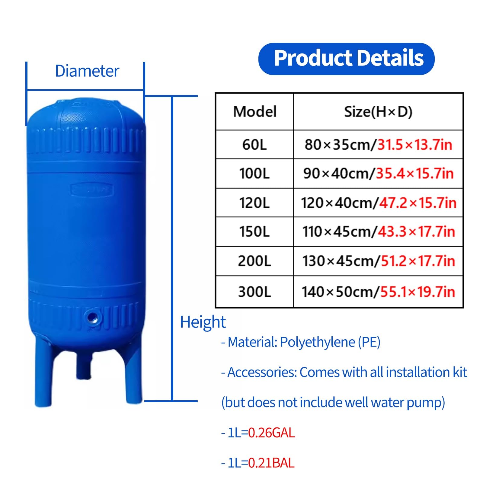 Vaso de expansión Tanque De Presión Para Bomba De Pozo, Vivienda Rural Tanque De Almacenamiento De Agua De Polietileno Con Kit De Montaje, Con Válvula De Purga De Aire(60L/15.8Gal - 31.5x13.7in)