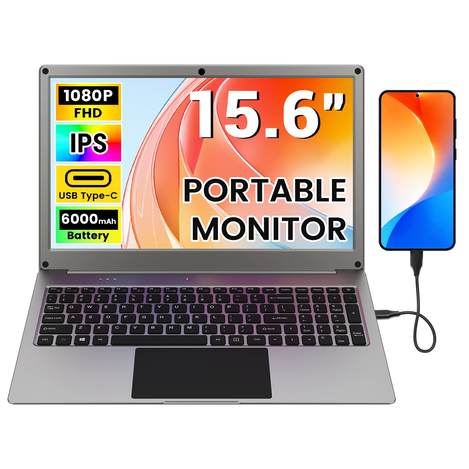 Portable Monitor with Keyboard, 15.6 Inch Lapdock Display with 6000mah Built-in Battery,CrowView Note 1080P FHD USB C Monitors with RPi5 Adapters Compatible with RPi5, PC, Phone, Mac, Game Console — view 11