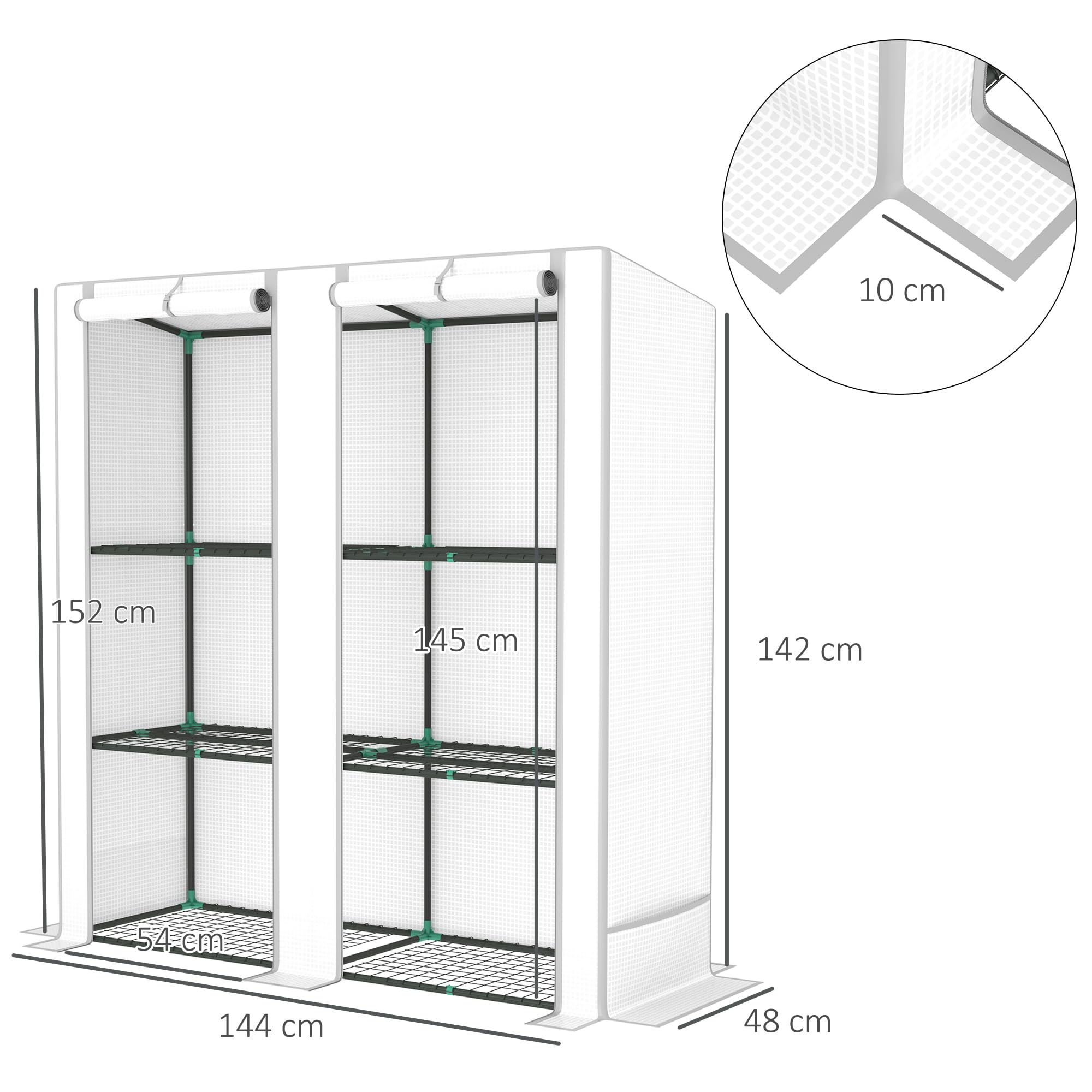 Outsunny Serra da Giardino con 2 Porte Avvolgibili, Scaffale a 3 Ripiani e Tasche Laterali, Serra per Orto, Struttura Acciaio e Copertura PE, per Piante Verdure Fiori Frutta, Anti UV, Bianco e Grigio