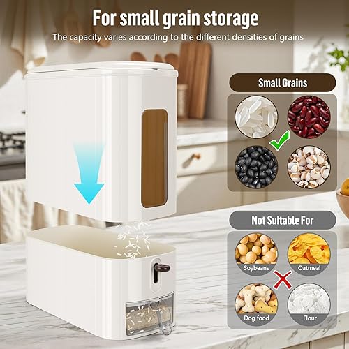 Miniatura 5 de Dispensador de arroz, cubo de arroz de 26 libras con taza medidora, cilindro medidor, a prueba de humedad, almacenamiento de contenedores de grano