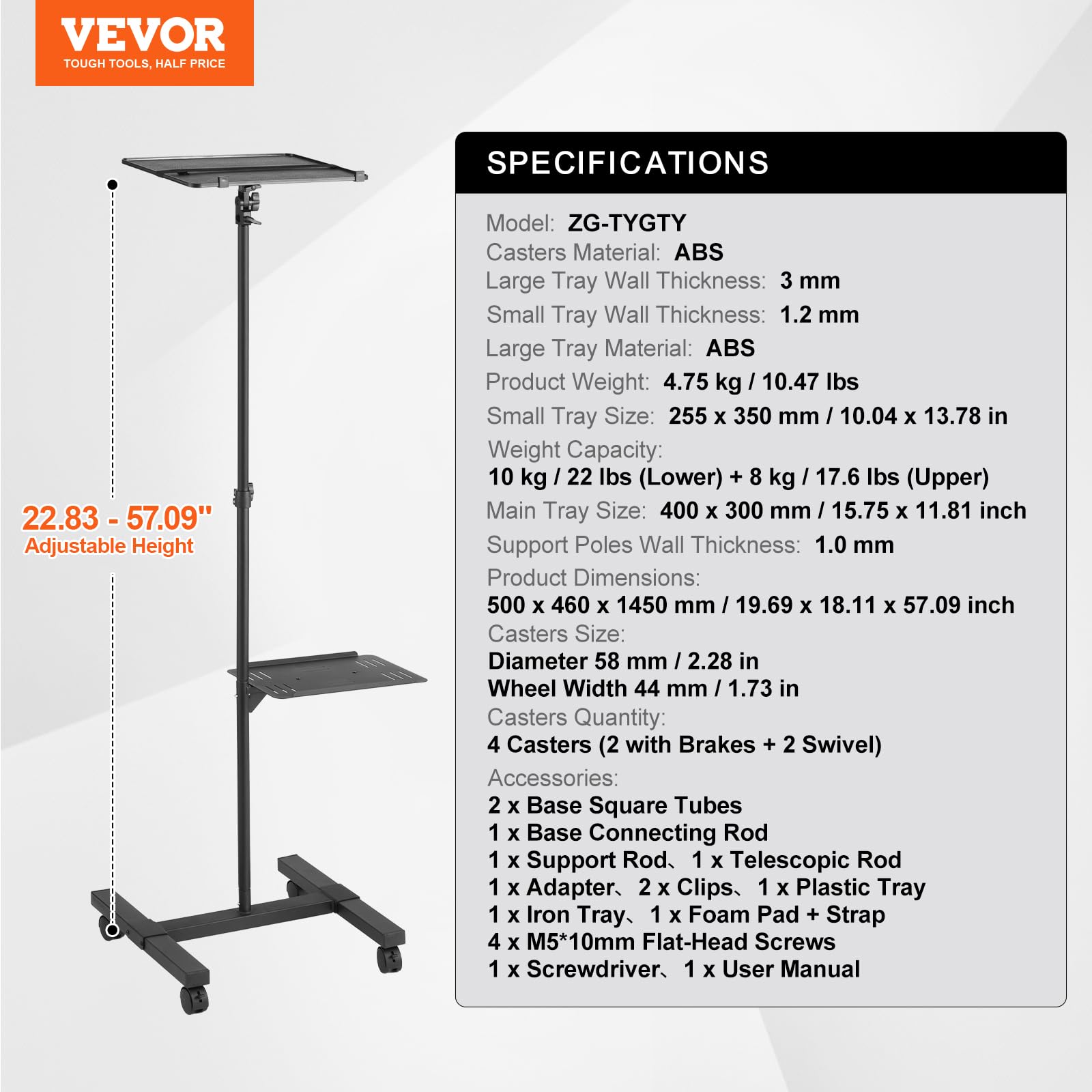 VEVOR Soporte para Proyector con Ruedas Soporte de Suelo para Proyector con Altura Ajustable de 580-1455 mm Soporte para Proyector con 2 Bandejas para Películas al Aire Libre, Hogar, Oficina, Negro