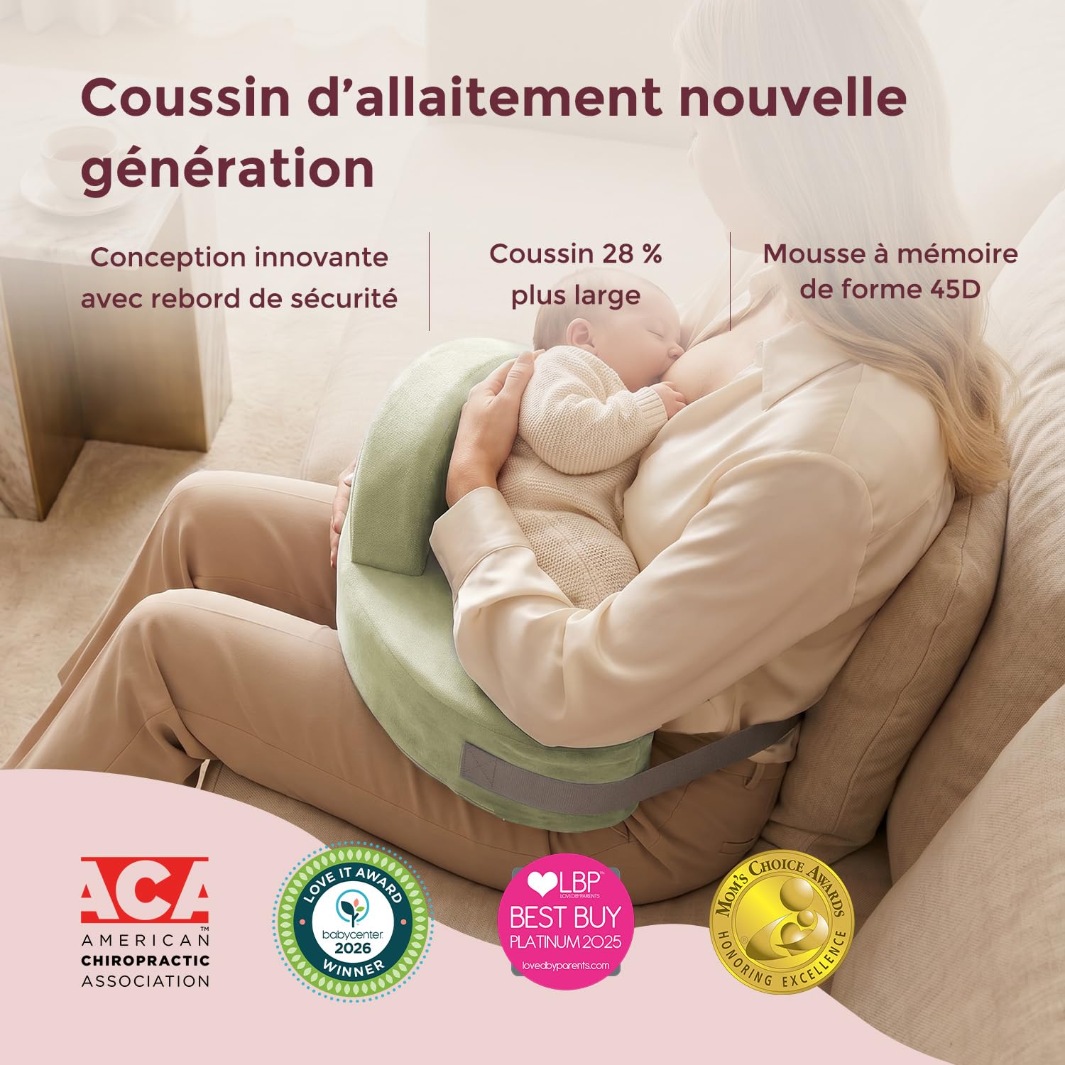 momcozy Coussin Allaitement en Mousse à Mémoire de Forme, Coussin d’Allaitement Ergonomique, Soutien Large et Sangle Réglable, Housse en Coton Amovible, Vert