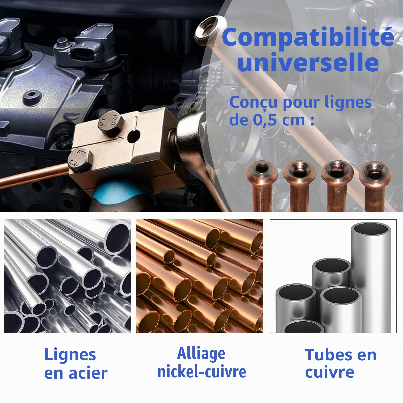 Évaseur de conduites de Frein 4,75 mm et 3/16", Double évaseur DIN | Outil de sertissage, Kit universel, Pour tuyaux cuivre, nickel et acier