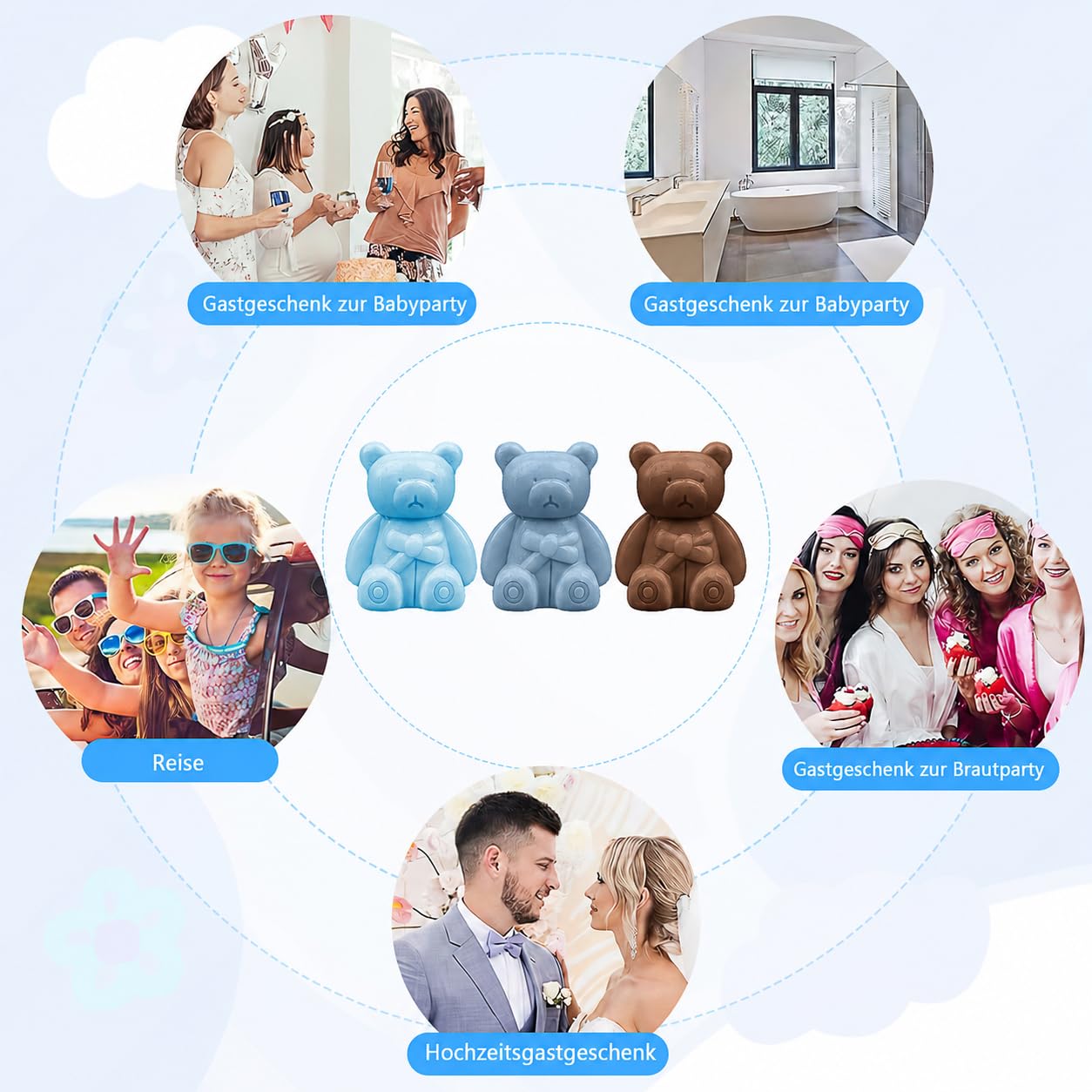 36 Stück Bärchen-Seifen Gastgeschenke, Mini-Seifen mit Geschenkbox & Dankeskarten, Duftseifen für Taufe, Hochzeit, Gender Reveal & Geburtstag– Blau & Braun