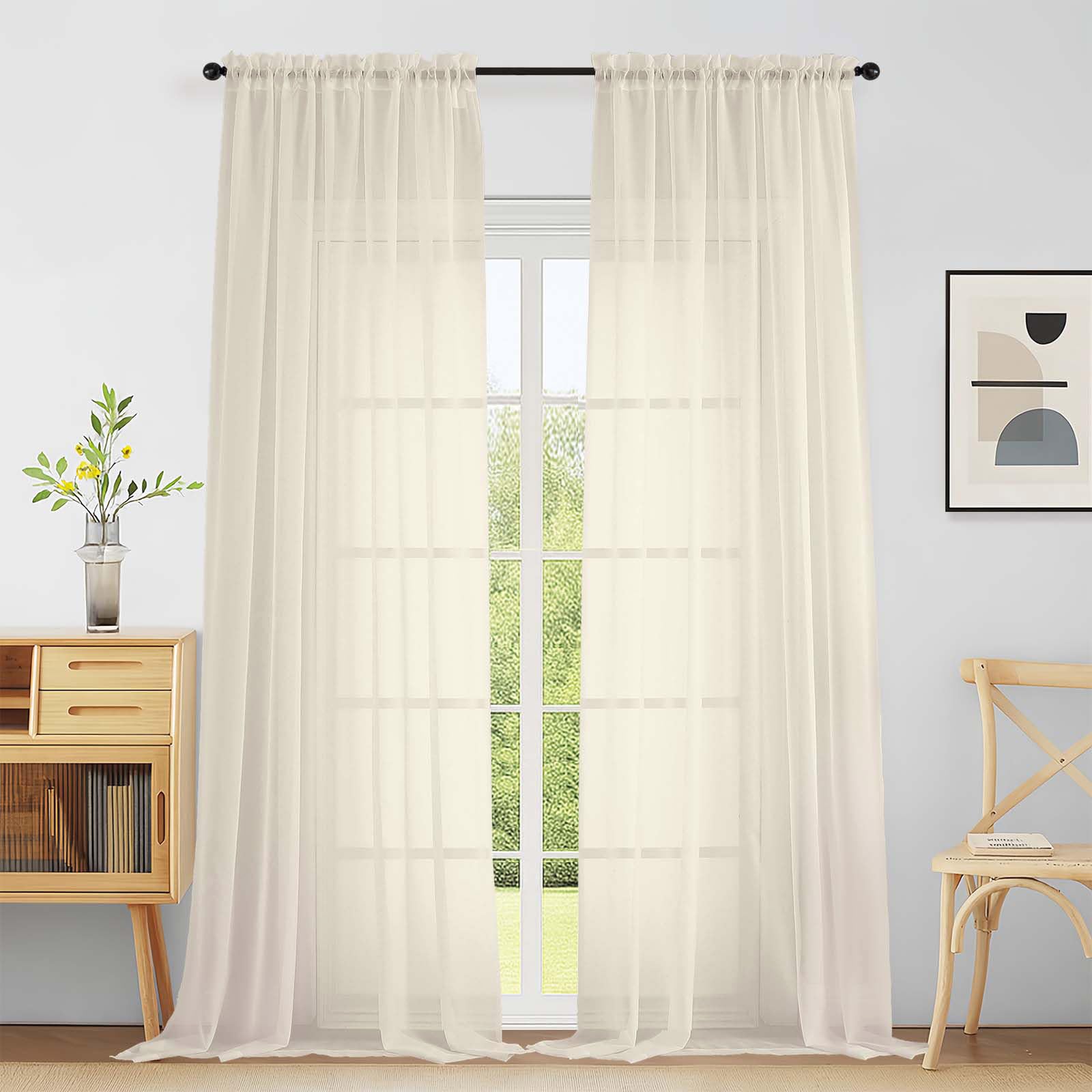 Ebesto Extra Wide Cream Sheer Curtains for Window 96 Inches Long 2 Panels Set, Elegant Light Filtering Voile Sheer Curtains for Sliding Glass Door, Dual Rod Pocket Window Drapes, 2x59Wx96L Inches — image 1