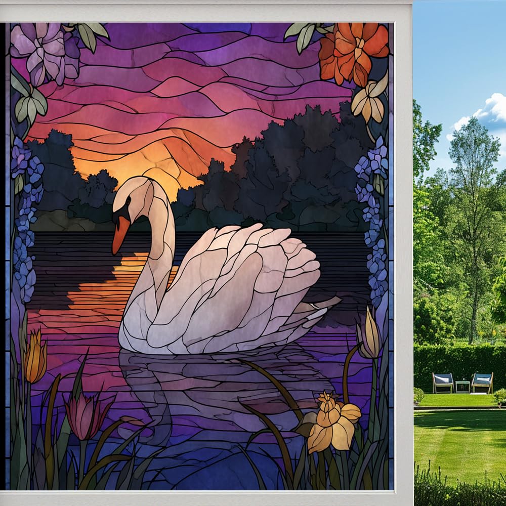 Beautiful Swan Stained Glass Window Film, Natural Lake Wildlife Sunset Peel and Stick Privacy Film, Frosted Adhesive Vinyl Decorative for Bathroom Windows Glass Doors, （70x120cm）