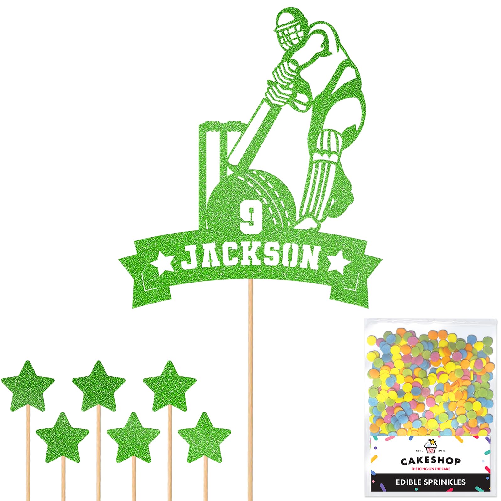 Personalised Cricket Wicket and Bat Glitter Cake Topper - Green Any Custom Age & Name Glitter Cake Decoration and Sprinkles - Happy Birthday Decorations - Personalised Toppers for Cakes by Cakeshop