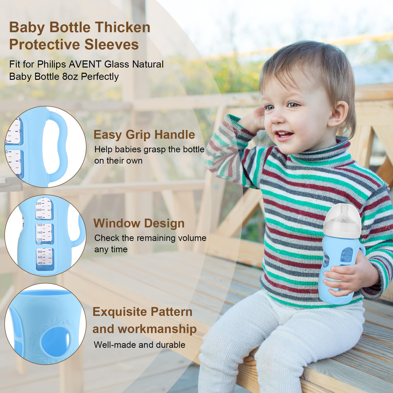 Beautyflier Silicone Sleeve for Philips Avent Natural Glass Baby Bottles with Easy Grip Handle, Baby Bottle Handle for Anti Colic Baby Bottles 8oz, Anti Breakage Baby Bottle Cover, Sleeve Only, Blue