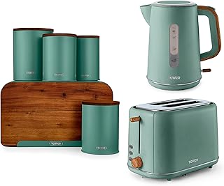 Tower Scandi Jade Jug Kettle, 2 Slice Toaster, Bread Bin, 3 Canisters & Biscuit Barrel. Scandinavian Inspired Design Matching Kitchen Set of 7 in Green