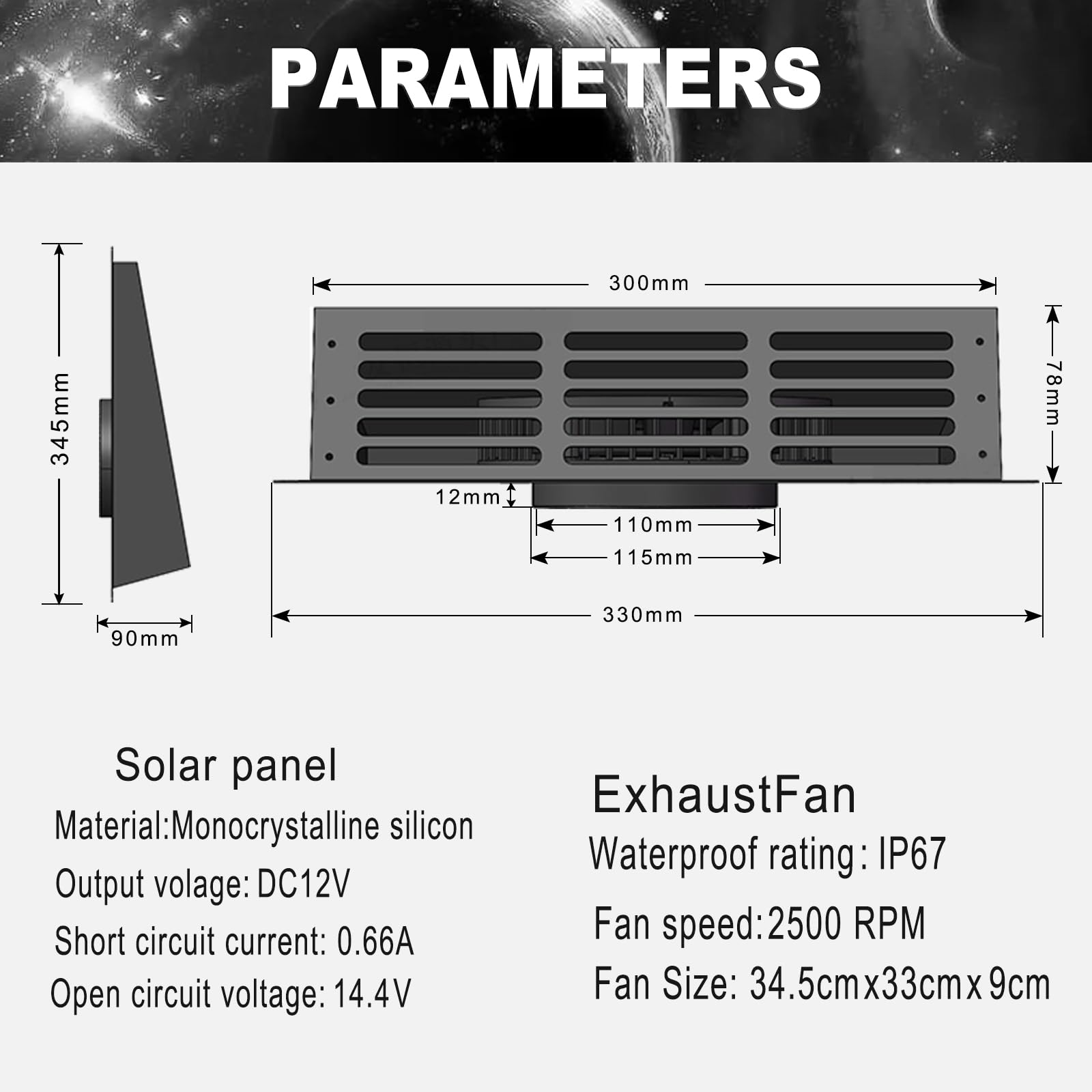 Solar Dachventilator 2500RPM High-Speed Abluftventilator mit 12V Monokristallines Solarpanel, IP67 Wasserdicht, 33.0x33.0x8.9 cm für Dachboden, Garage, Wohnmobil, Schuppen - Einfache Installation