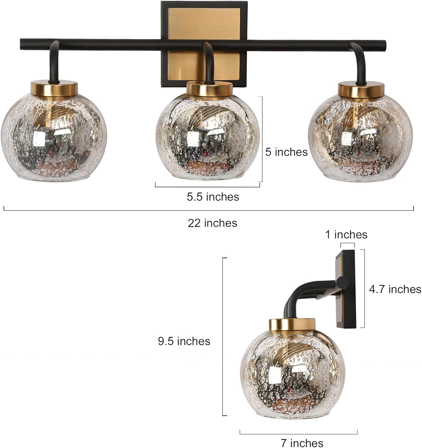 ZEVNI Black Gold Vanity Lights, 3-Light Bathroom Lighting Fixtures Over Mirror with Mercury Glass Globes, 22" x 7" x 9.5"
