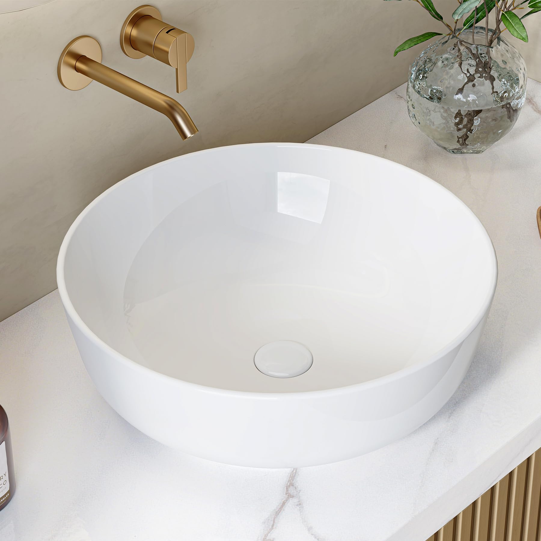 HOROW Rund Aufsatzwaschbecken Weiß Handwaschbecken ohne Hahnloch, Kleines Waschbecken 41 cm, ultradünner Rand, 1280℃ gebrannt, schnell entwässernd für Badezimmer Gäste-WC