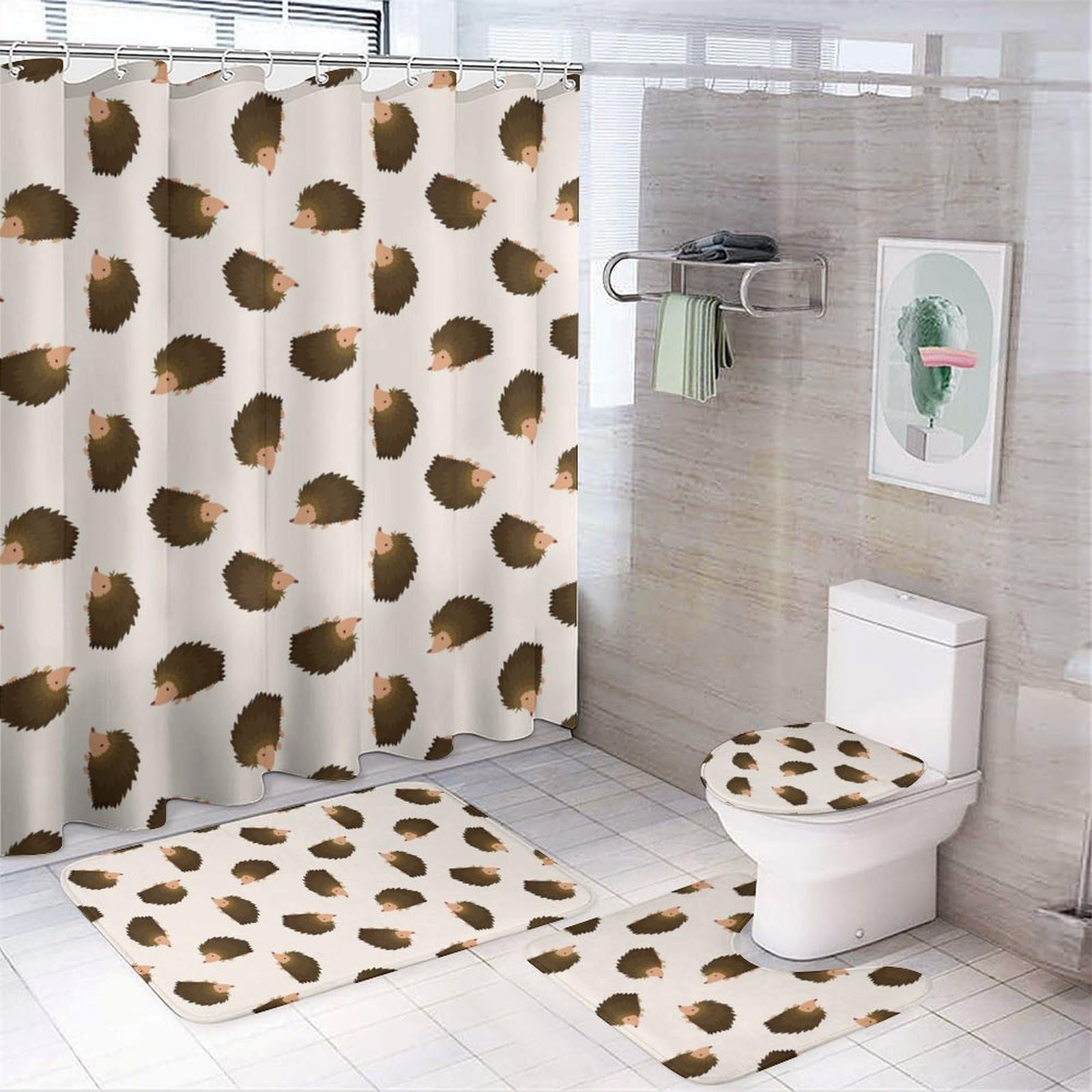 Wlntrophic Bathroom Mat Set 4 Piece, Cute Hedgehog Shower Curtain with Non-Slip Bath Mats for Bathroom