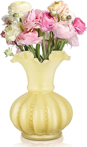 Joeyan Florero de cristal amarillo hecho a mano, 7.9 pulgadas, urna decorativa vintage para centros de mesa, ramo de boda, florero de pedestal