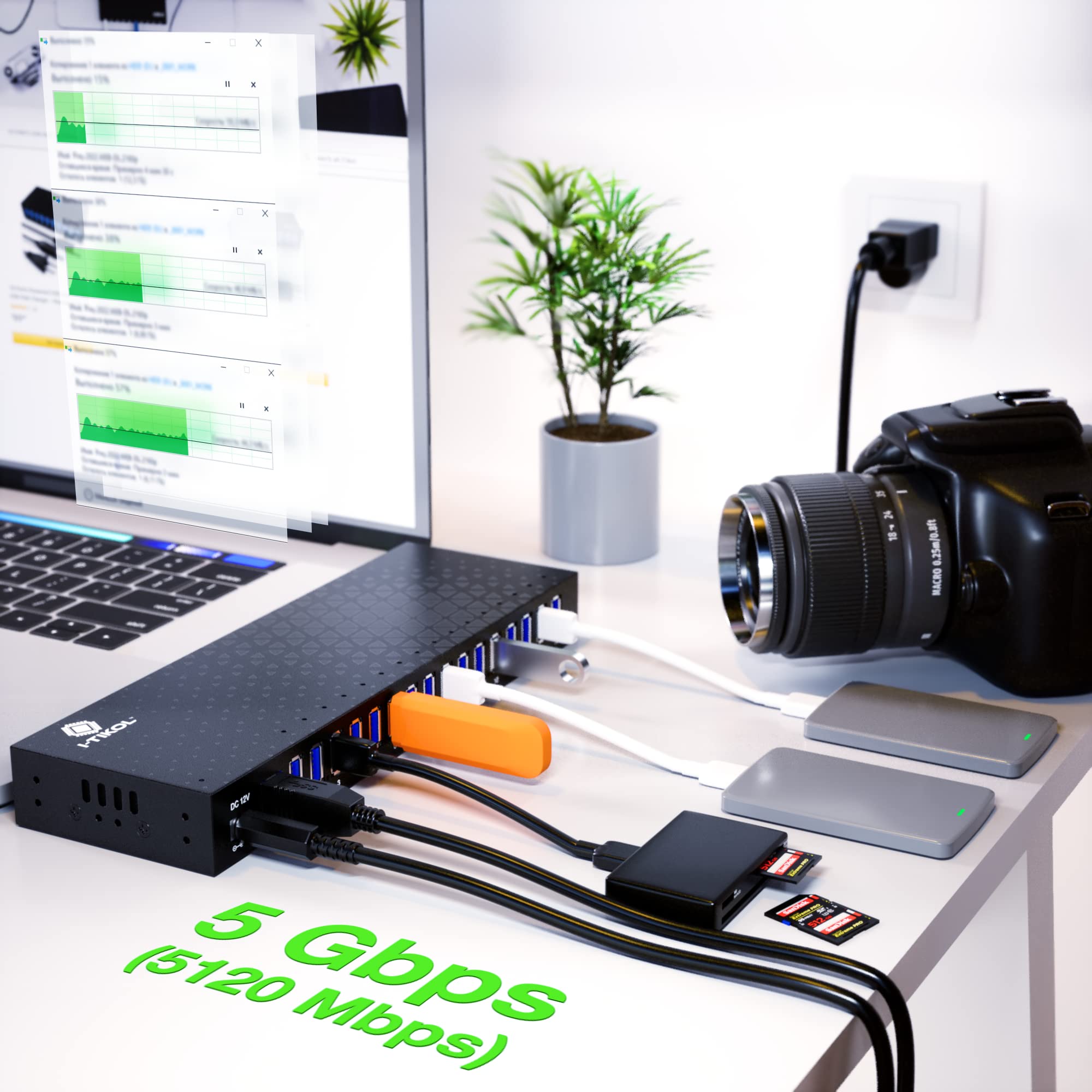 USB 3 0 Hub - 16 Ports Powered USB Hub - Desktop USB Expander Hub - up to 5Gbps High-Speed USB Splitter for Multiple Devices - Aluminum Alloy Multiple USB Hub w/AC Adapter for Laptop Phone Tablet PC