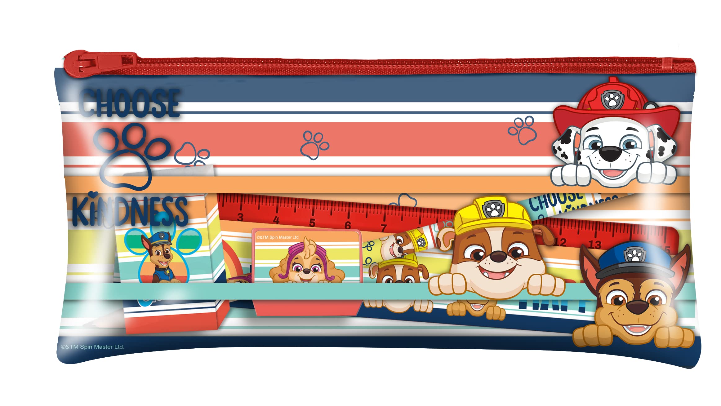 SRV Hub 4 Pieces Stationery Set with Pencil Case, Paw Patrol Zipped Pencil Case for School Kids, Pencil, Eraser, Sharpener and 15cm Ruler, Large Pencil Pouch for School Stationery