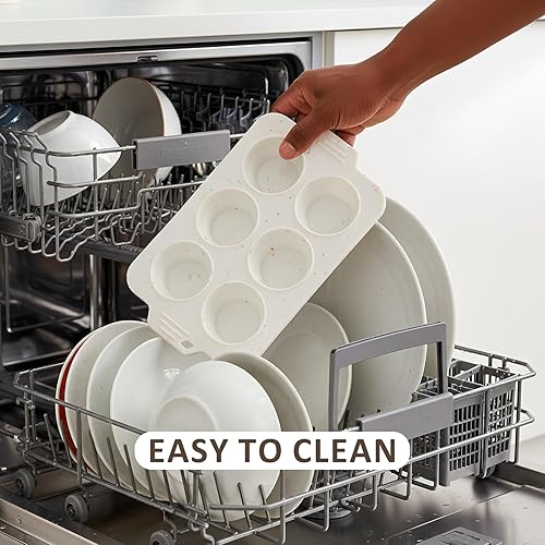 Miniatura 6 de Paquete de 2 moldes de silicona para magdalenas, antiadherentes, plegables, con marco reforzado de metal, con asas, 6 tazas regulares, bandeja de