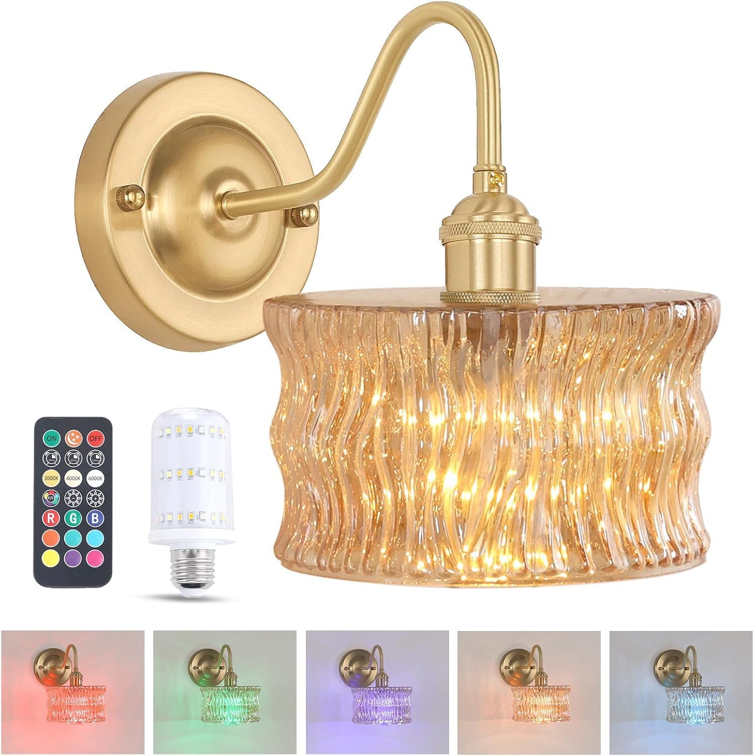 Lampada da Parete Vintage dimmerabile Color Oro, Lampada Ricaricabile Tramite USB con Telecomando, Lampada retrò da Comodino con Attacco E27 e Paralume in Vetro per Soggiorno, Came