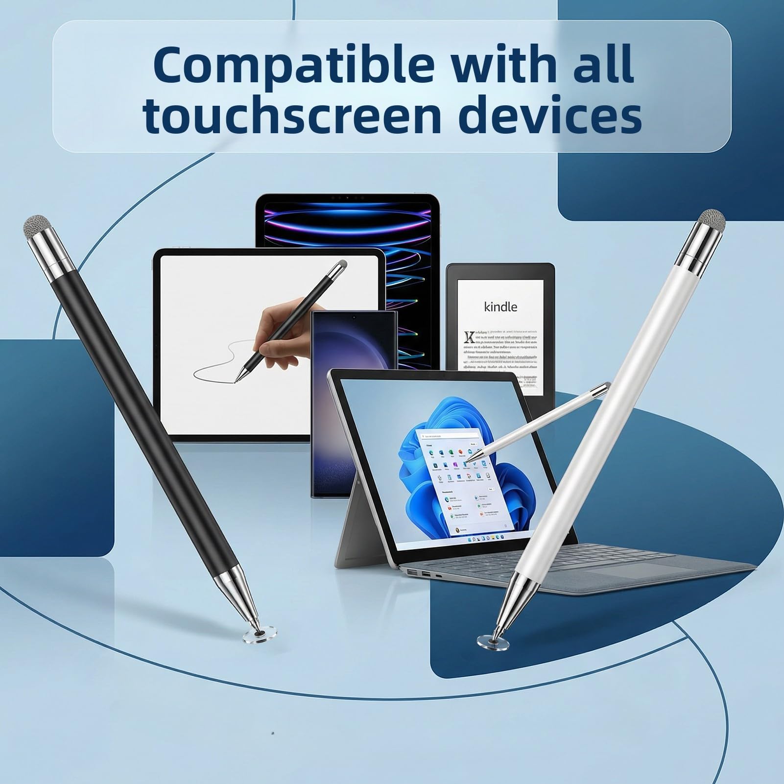 Lot de 2 stylets universels 2 en 1 pour tablette écran tactile, compatible iPad, Samsung, Huawei, blanc/noir