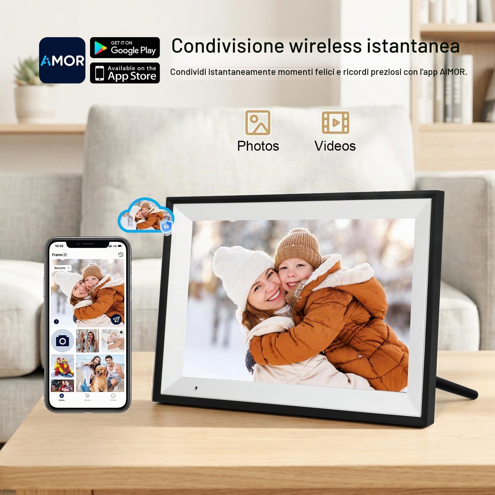 AEEZO Cornice Digitale WiFi 32GB Memory, 1280 * 800 IPS Touchscreen, Sleep Mode, Cornici Digitali, Veloce Caricamento a Distanza di Video e Foto con il Software AiMOR (Nero)