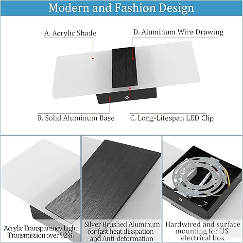 Miniatura 5 de LIGHTESS Aplique de pared moderno regulable Iluminación de pared 12 W negro lámpara de pared interior acrílico montado en la pared accesorio de