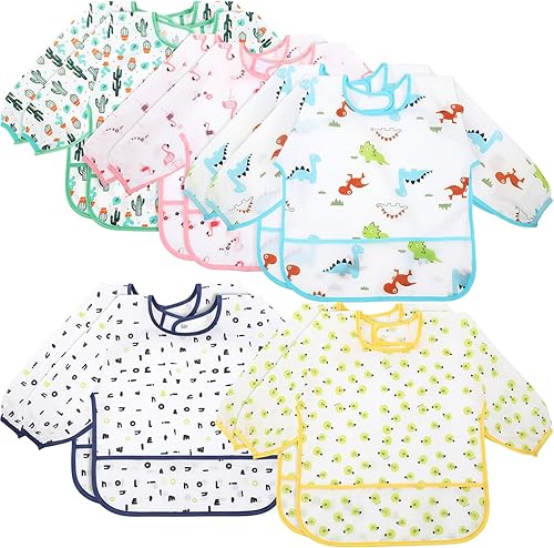 Vista 8 de Tarpop Baberos de manga larga para bebés, paquete múltiple, impermeables, de manga suave, para bebés y niños pequeños que comen alimentación Clásico