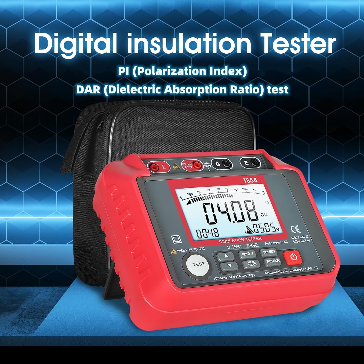 AIOMEST Digital Megohmmeter, 1000V Isolationsmessgerät, 0.1MΩ~20GΩ, 50V/100V/250V/500V/1000V, mit Hintergrundbeleuchtung, Messgeräte für elektrische Geräte wie Motoren und Kabel, T0-TS58