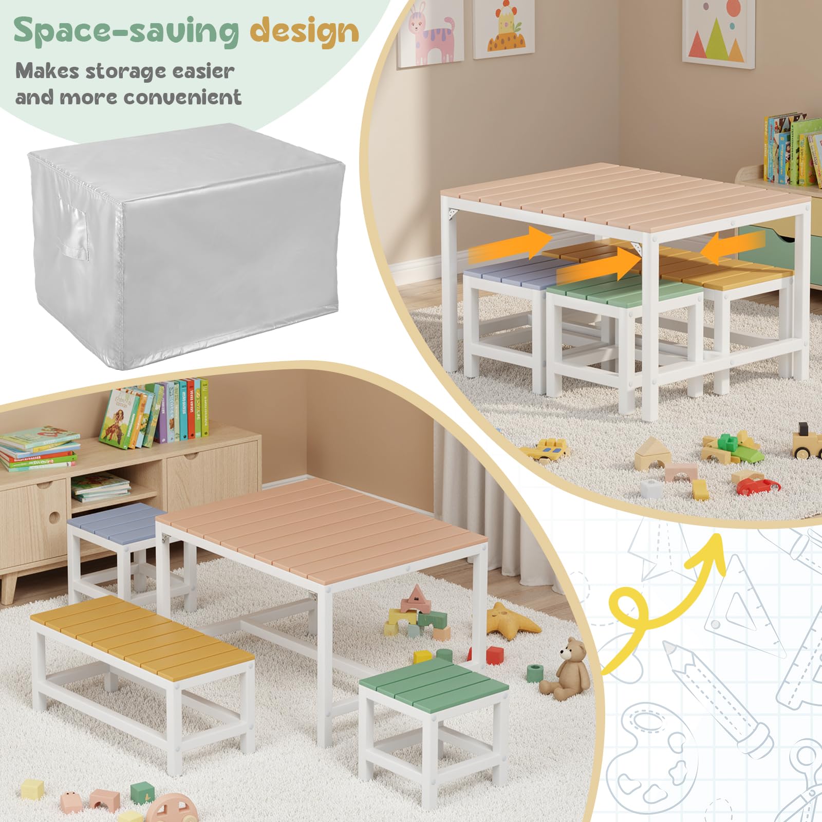 MAMIZO Kindertisch Pappelholz Massivholz, Kinder Tisch Stuhl Set Garten mit wasserdichte Abdeckung, Basteltisch Innenbereich mit 3 PCS Hocker, Kinder-Sitzgarnitur Picknick-Gruppe ab 3 Jahre, Bunt