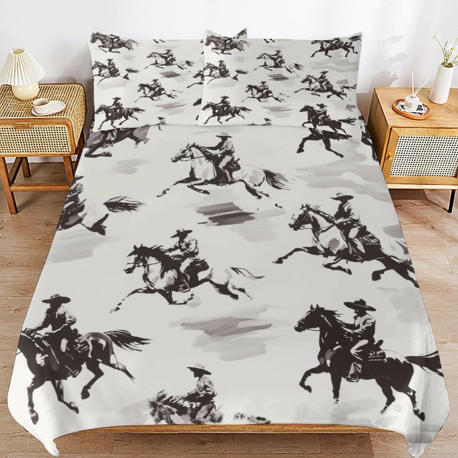 Housse de couette 135 x 200 cm avec 2 taies d'oreiller motif cheval cartoon pour enfant