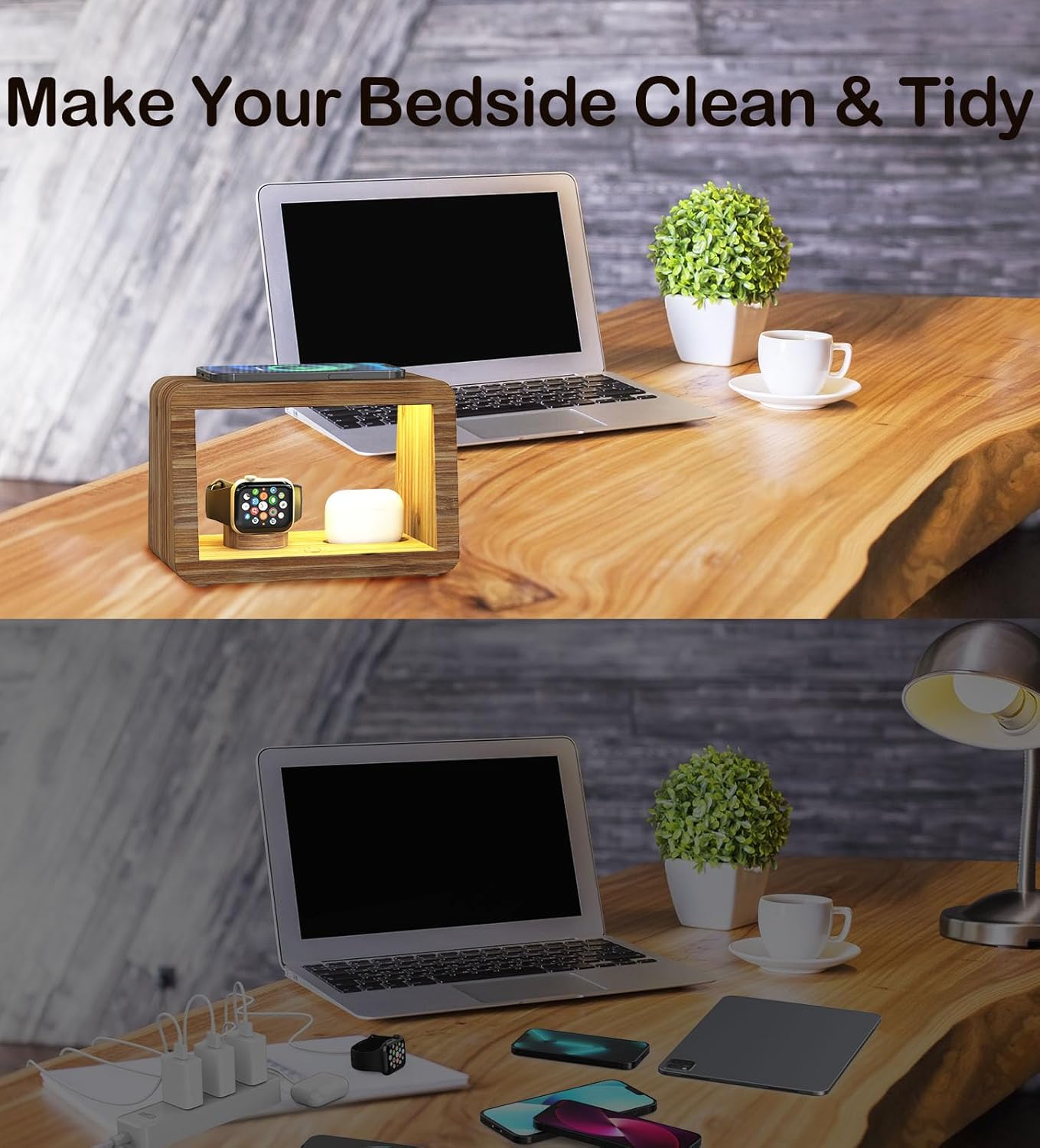 Bamboo Charging Station for Multiple Devices, 15W Fast Wireless Charger Night Light with 3 Color& 4 Adjustable Brightness, Night Stand Charger Station for iPhone/iWatch/AirPods (6953)