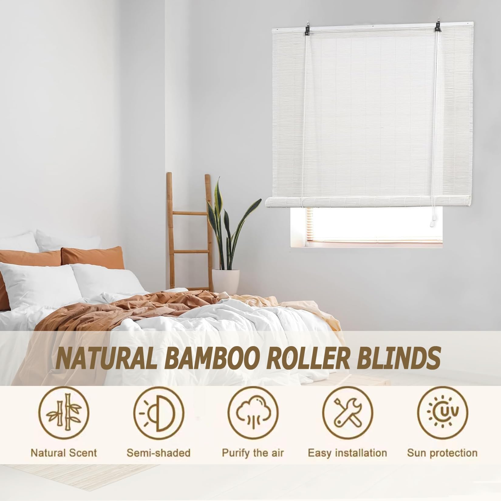 L140xH160cmBlanc Store Enrouleur Bambou Naturel sans Perçage,Store Occultant Anti-UV pour Fenêtre et Porte,Protection Solaire Respirant,Intérieur Extérieur pour Chambre Cuisine Terrasse