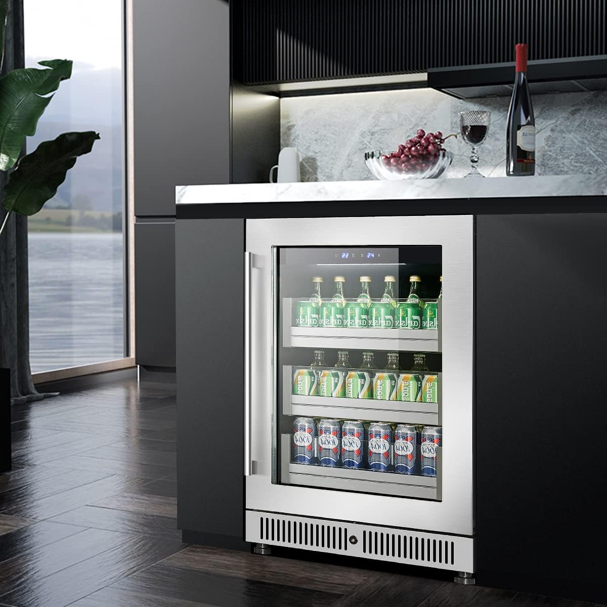 Vesgolden 24" Undercounter Mini Refrigerator Beverage For Home Kitchen Fridge Seamless Built or Freestanding Hidden Hinged Glass Door Freezer Great for soda, beer, wine and juice coolers.