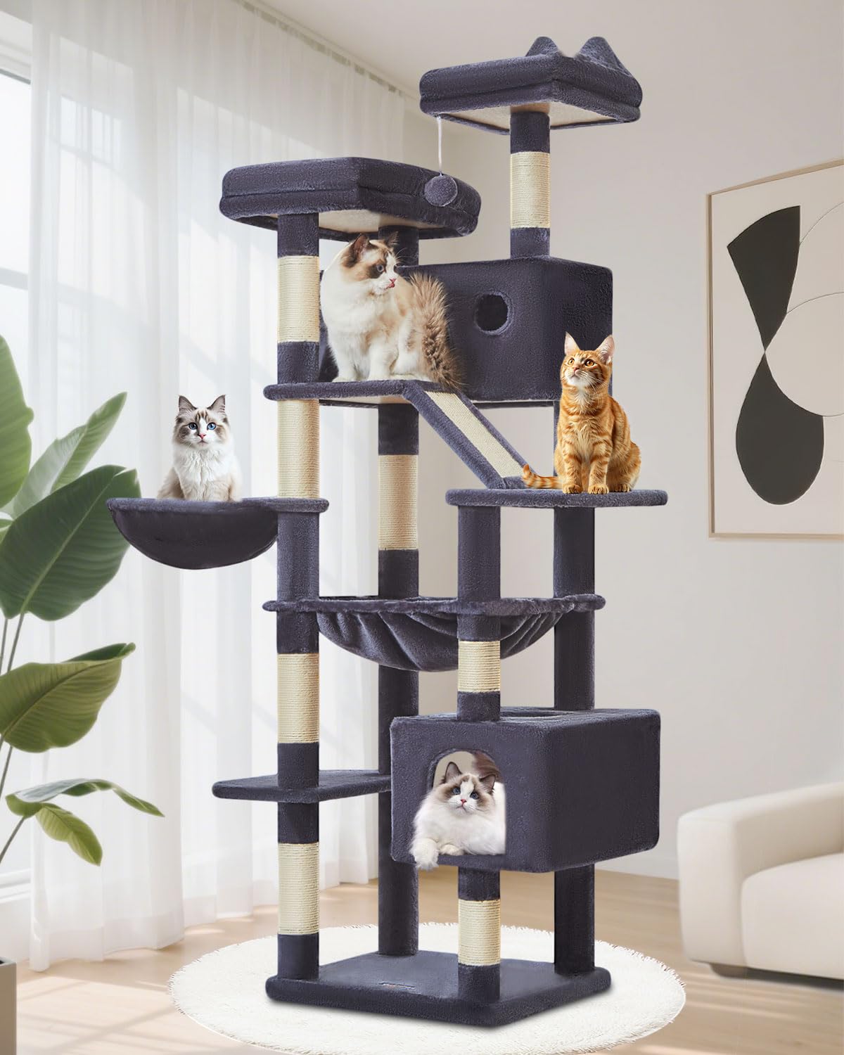 Taoqimiao Cat Tree 71-Inch, Cat Tower for Indoor Cats Large Adult, Multi-Level Large Cat Condo, 8 Sisal Scratching Posts, Metal Frame Cozy Hammock,
