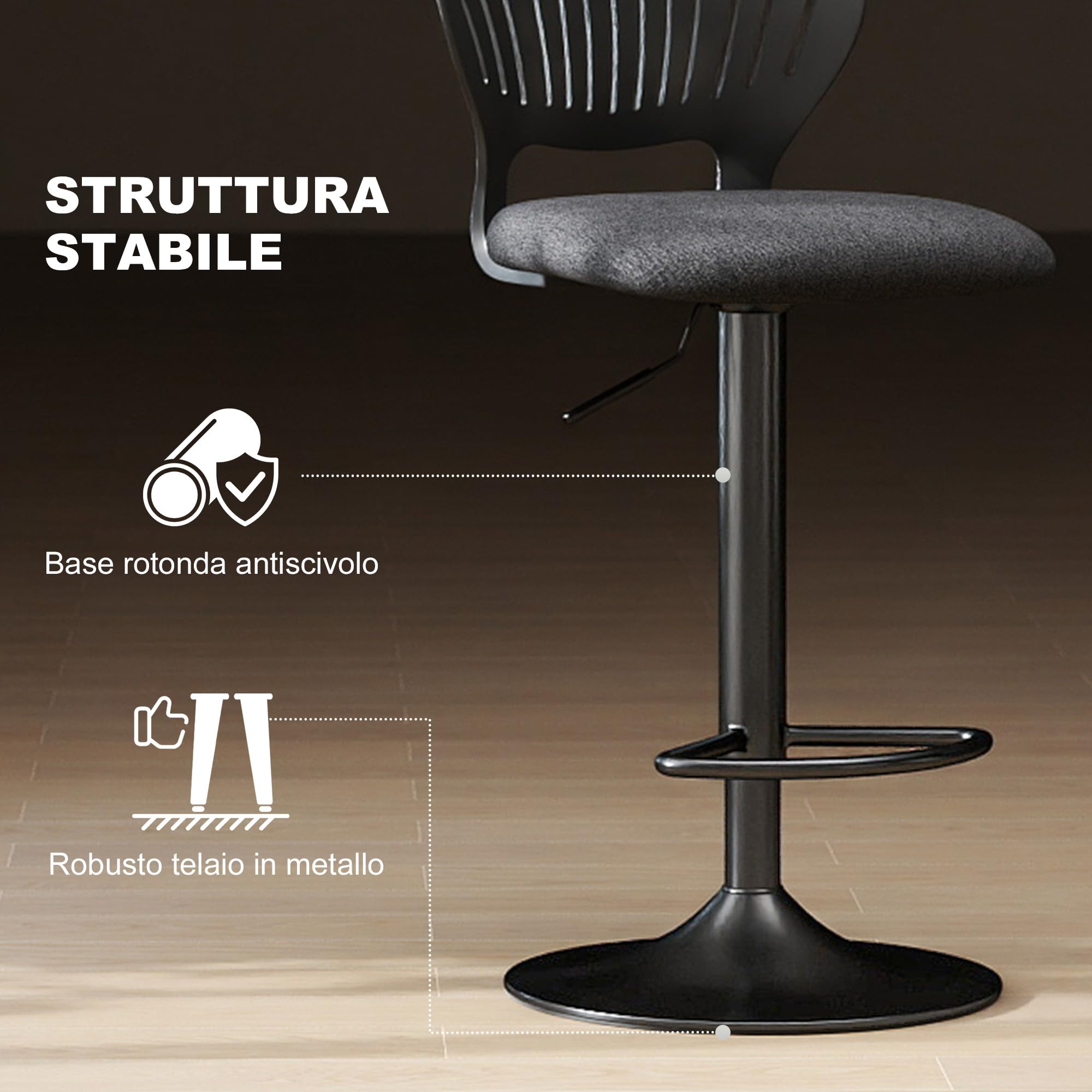 HOMCOM Lot de 2 tabourets de Bar réglables en Hauteur, tabourets de Cuisine Hauts en Tissu de Lin avec Dossier, Repose-Pieds et Assise Souple, Structure en métal, tabourets de Bar Hauts pivotant à