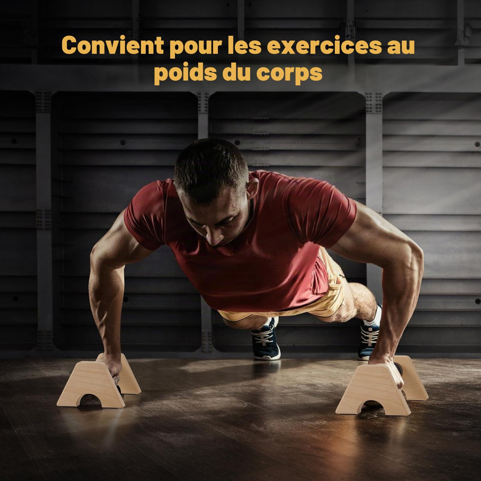Parallettes, Poignées de Pompes en Bois Antidérapantes, Stables et Protectrices pour les Articulations avec Deux Sangles Amovibles, Equipement Cardio pour Appuis Renversés et Pompes