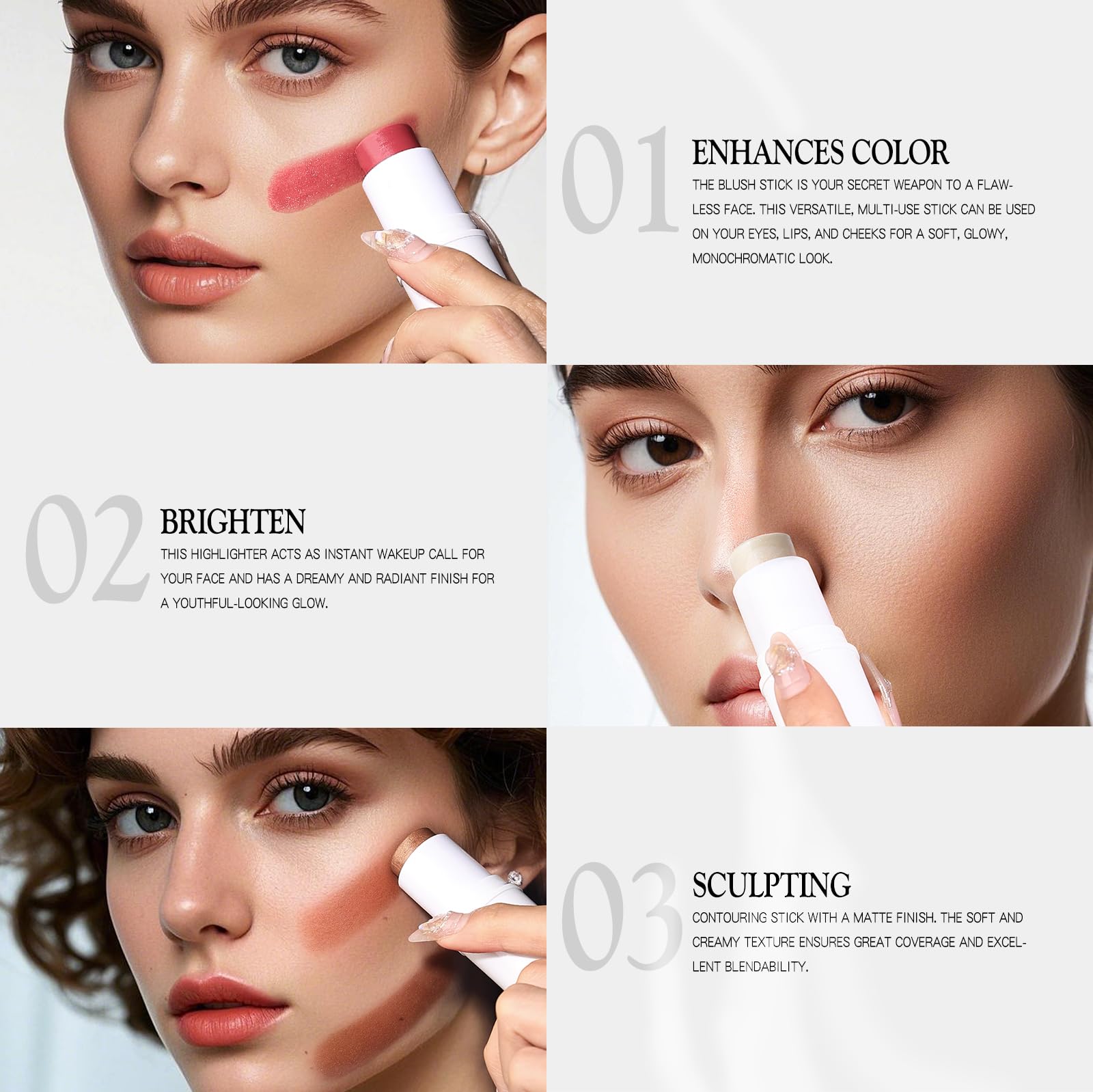 bayfree 3 PCS Makeup Cream Contour Stick Set, Illuminante Viso & Blush & Bronzer Stick, Effetto Naturale Opaco o Lucido, Lunga Durata, Multiuso per Ogni Tipo di Pelle